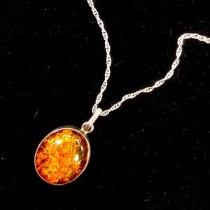 Vintage Baltic Honey Amber & Sterling Silver Pendant on 18”Sterling Silver Chain